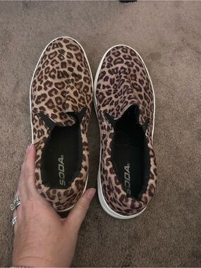 Soda Leopard Print Slip-On Sneakers - Brown and Black
